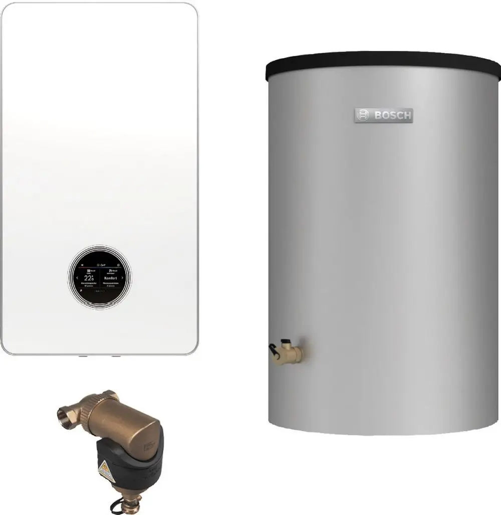 Bosch-Wasserheizsystem bestehend aus einem kompakten Heizgerät, einem zylindrischen Wassertank und einem Ventil, angeordnet in einem klaren, modernen Design.